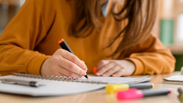 Female law student highlighting in a notebook