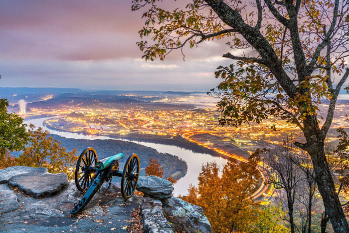 Civil war cannon on Lookout Mountain over Chattanooga