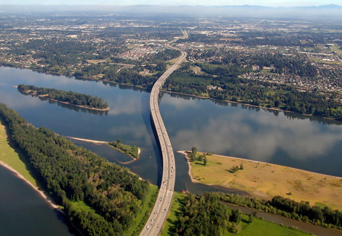 Bridge heading over Oregon Washington border toward Vancouver, WA