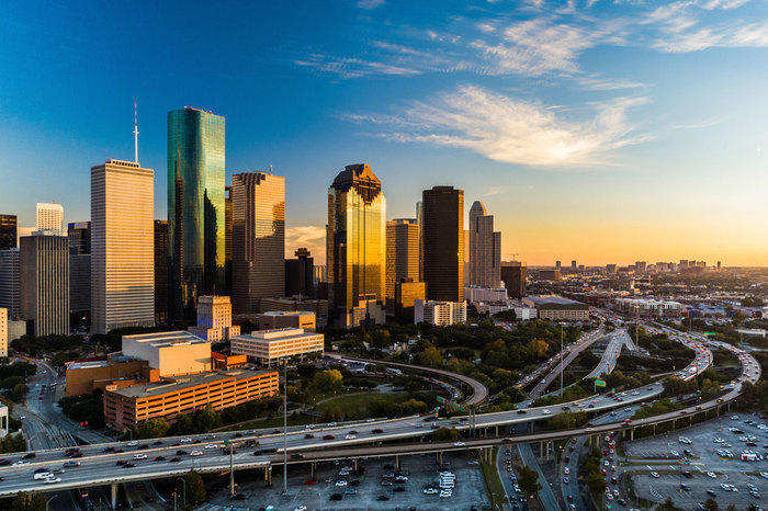 Houston Downtown Aerial at Sunset